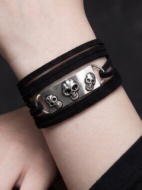 Tie Wrap Skull Silver Bracelet Cuff Yoga Boho Biker Gothic Punk Gift Goth or